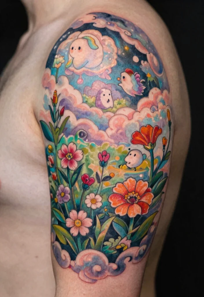 17 Neo Traditional Tattoo Flash Ideas With Bold Color - 13. Fantasy Floral Landscapes 1