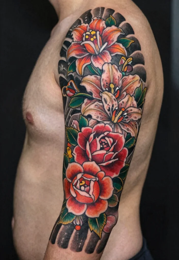 17 Neo Traditional Tattoo Flash Ideas With Bold Color - 14. Intricate Floral Sleeves 1