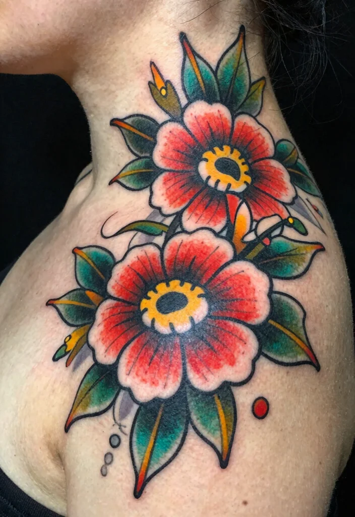 17 Neo Traditional Tattoo Flash Ideas With Bold Color - 15. Enchanted Floral Neck Pieces 1