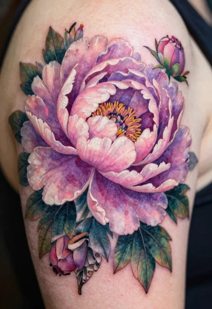 17 Neo Traditional Tattoo Flash Ideas With Bold Color - 2. Majestic Peonies 1