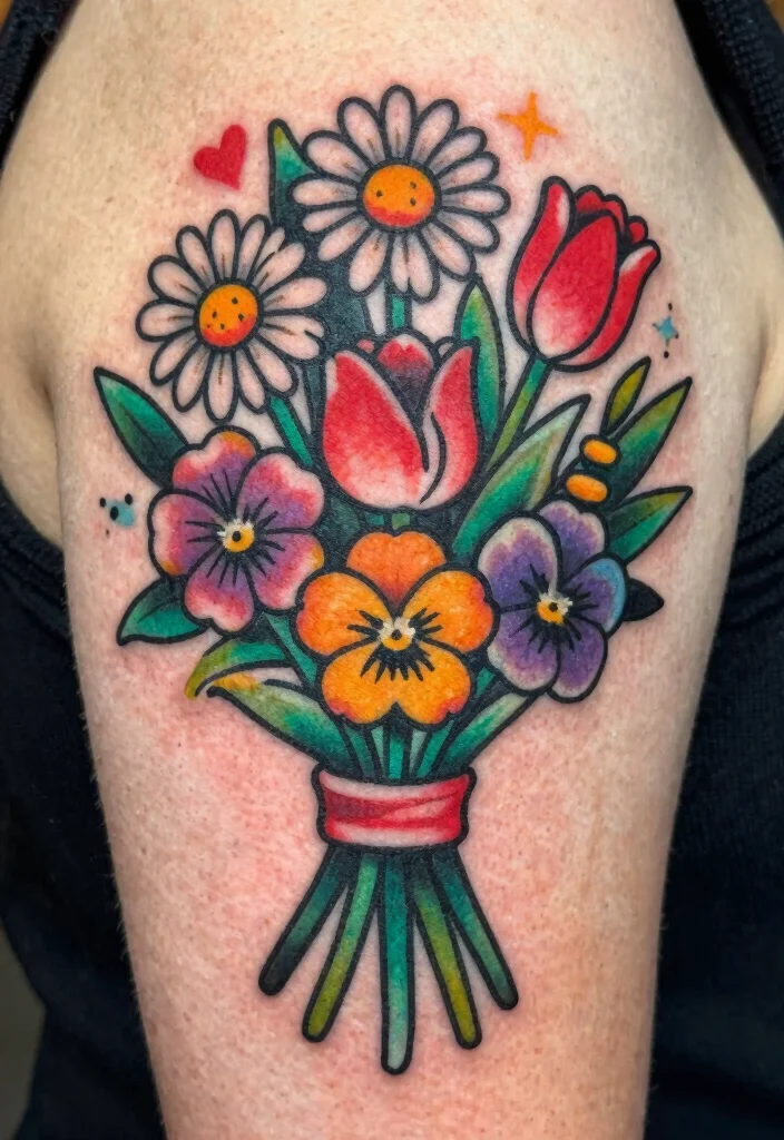 17 Neo Traditional Tattoo Flash Ideas With Bold Color - 4. Whimsical Floral Bouquets 1