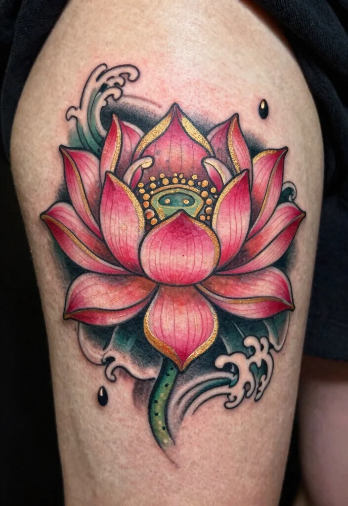 17 Neo Traditional Tattoo Flash Ideas With Bold Color - 5. Elegant Lotus Flowers 1