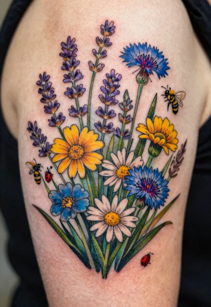 17 Neo Traditional Tattoo Flash Ideas With Bold Color - 6. Wildflower Meadows 1