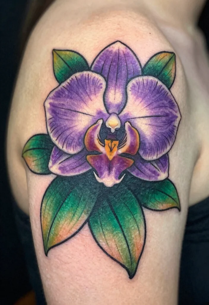 17 Neo Traditional Tattoo Flash Ideas With Bold Color - 7. Stunning Orchids 1