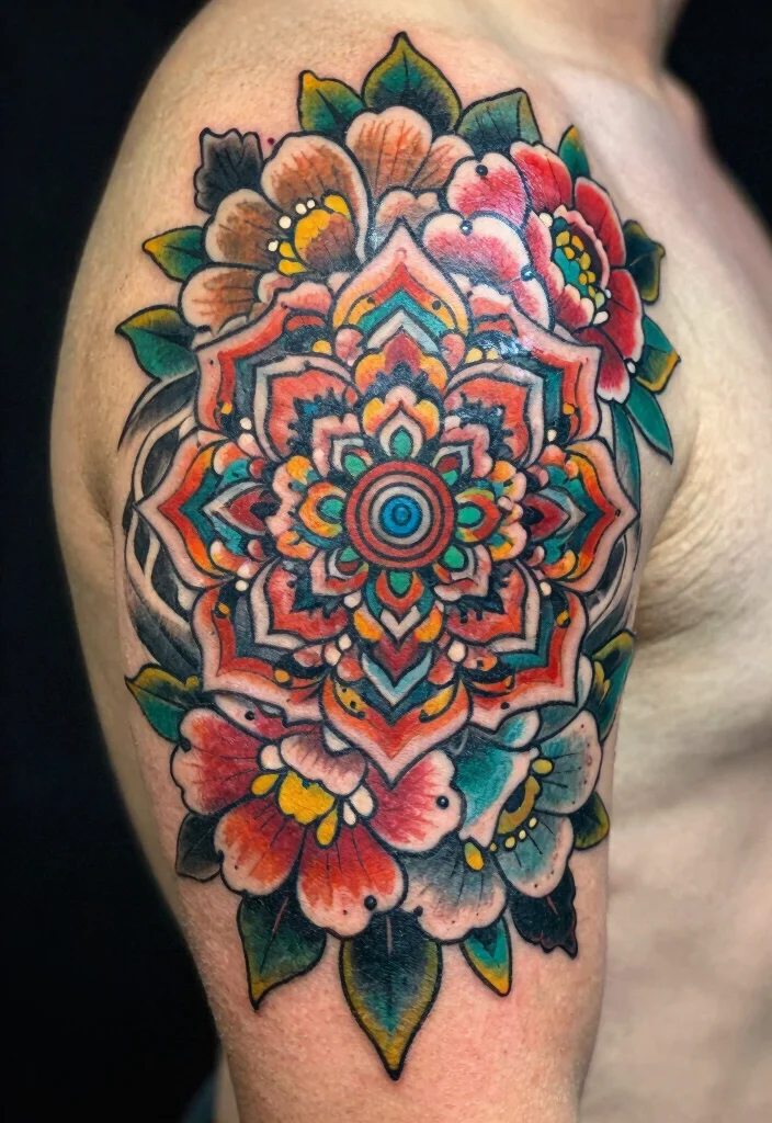 17 Neo Traditional Tattoo Flash Ideas With Bold Color - 9. Colorful Floral Mandalas 1