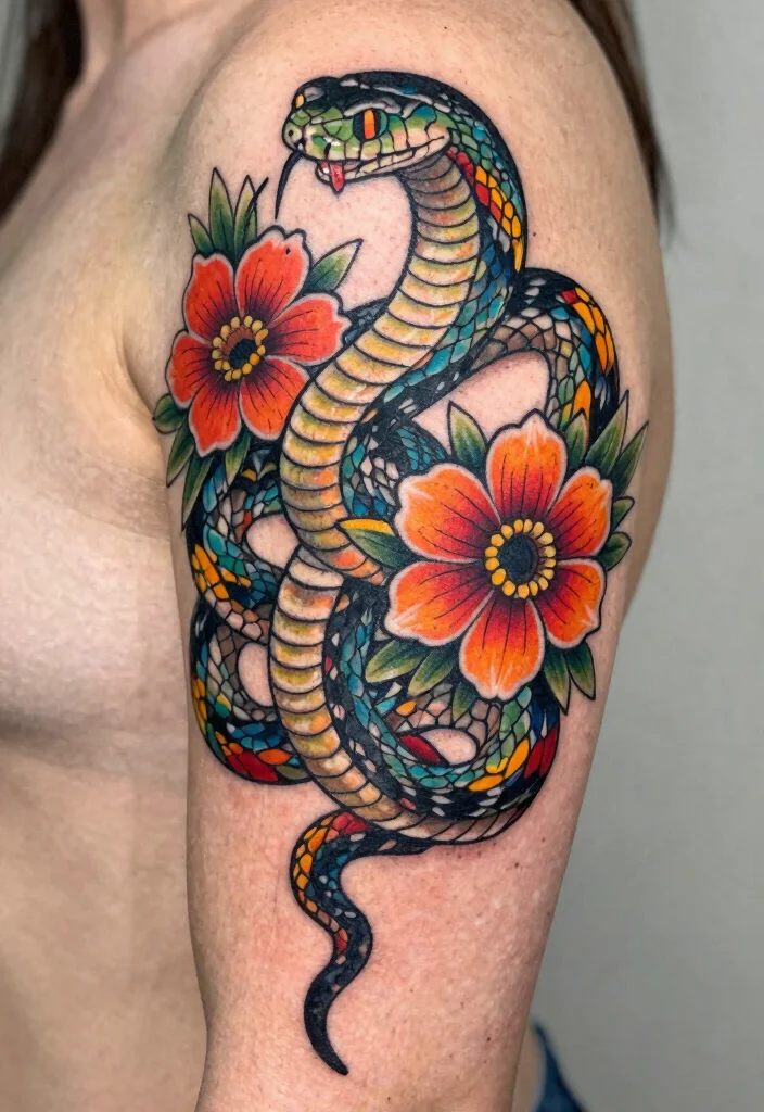 17 Pretty Snake Tattoo Ideas With Elegant Curves 41 17 Pretty Snake Tattoo Ideas With Elegant Curves - 11. Vibrant Floral Accents 1
