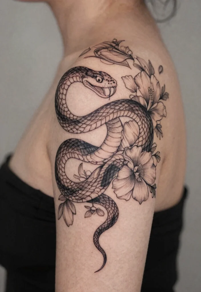 17 Pretty Snake Tattoo Ideas With Elegant Curves 53 17 Pretty Snake Tattoo Ideas With Elegant Curves - 13. Intricate Shoulder Piece 1