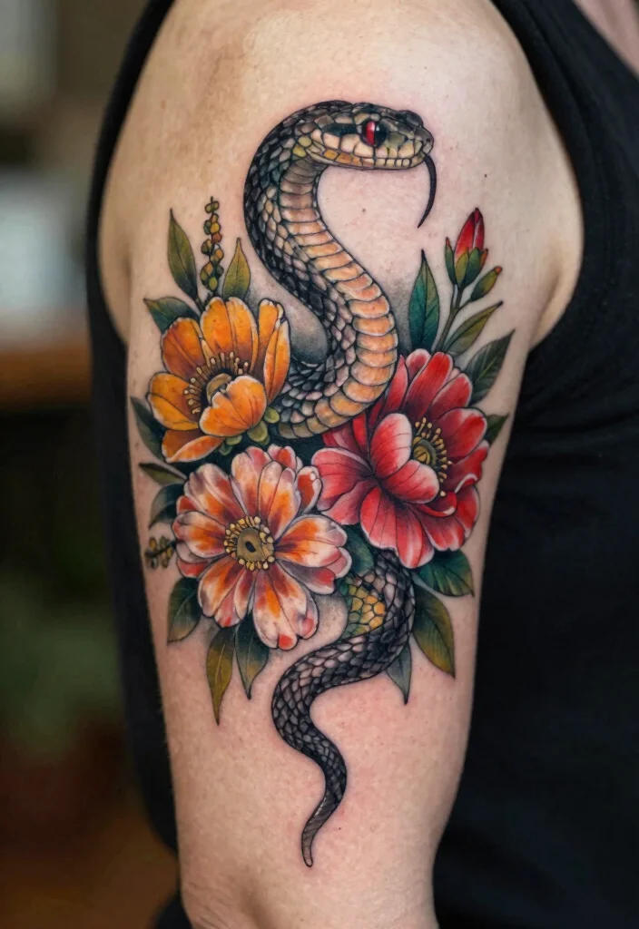 17 Pretty Snake Tattoo Ideas With Elegant Curves 67 17 Pretty Snake Tattoo Ideas With Elegant Curves - 17. The Nature Embrace 1