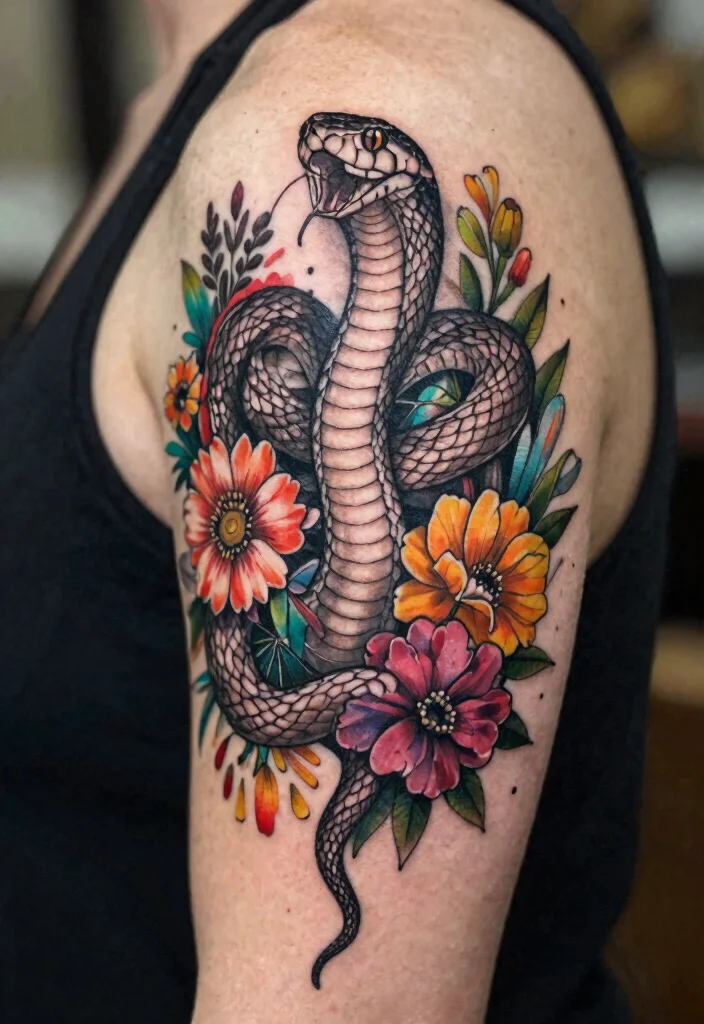 17 Pretty Snake Tattoo Ideas With Elegant Curves 2 17 Pretty Snake Tattoo Ideas With Elegant Curves - 2. Floral Burst 1