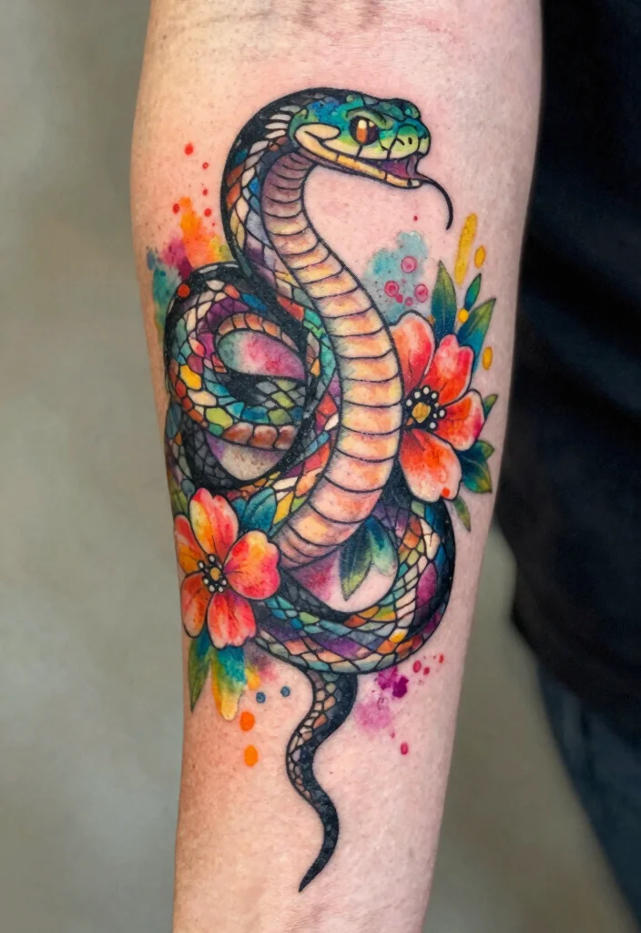 17 Pretty Snake Tattoo Ideas With Elegant Curves 4 17 Pretty Snake Tattoo Ideas With Elegant Curves - 4. Whimsical Watercolor 1