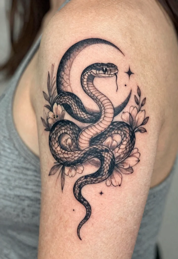 17 Pretty Snake Tattoo Ideas With Elegant Curves 15 17 Pretty Snake Tattoo Ideas With Elegant Curves - 5. Snake and Moon 1