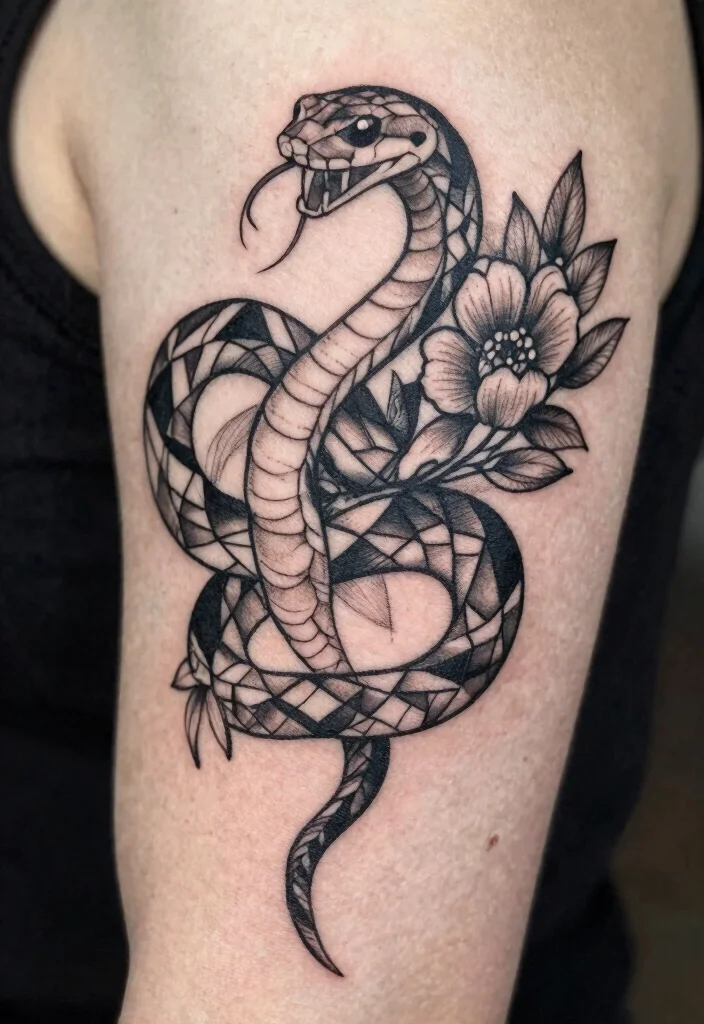 17 Pretty Snake Tattoo Ideas With Elegant Curves 16 17 Pretty Snake Tattoo Ideas With Elegant Curves - 6. Geometric Snake 1