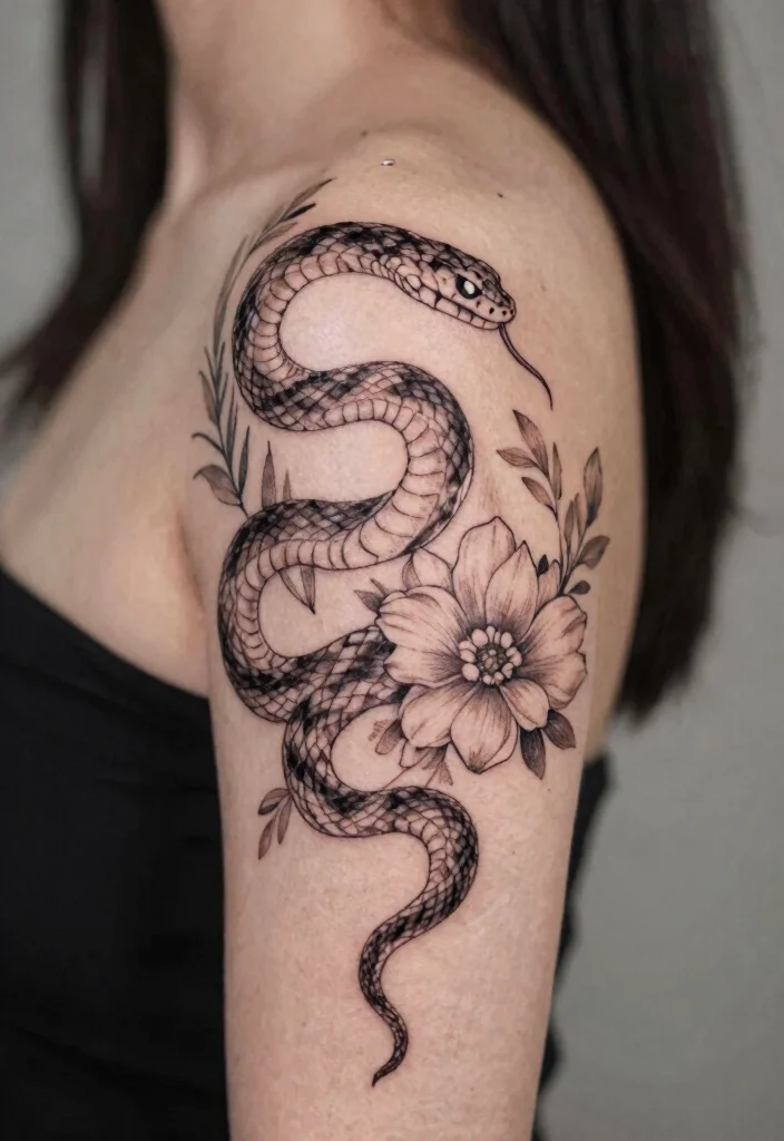 17 Pretty Snake Tattoo Ideas With Elegant Curves 29 17 Pretty Snake Tattoo Ideas With Elegant Curves - 9. Side-Swept Beauty 1