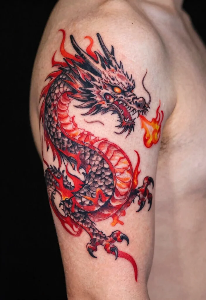 17 Red and Black Dragon Tattoo Ideas With Intense Dual Tone 41 17 Red and Black Dragon Tattoo Ideas With Intense Dual Tone - 11. The Dragon's Breath 1