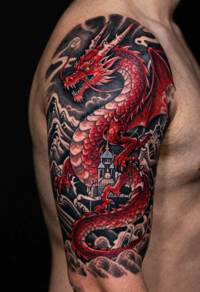 17 Red and Black Dragon Tattoo Ideas With Intense Dual Tone 42 17 Red and Black Dragon Tattoo Ideas With Intense Dual Tone - 12. The Fantasy Landscape 1