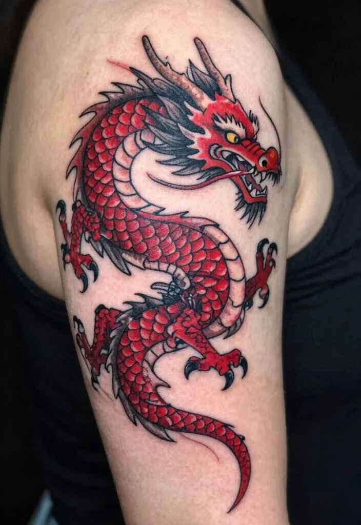 17 Red and Black Dragon Tattoo Ideas With Intense Dual Tone 45 17 Red and Black Dragon Tattoo Ideas With Intense Dual Tone - 15. The Dragon's Dance 1
