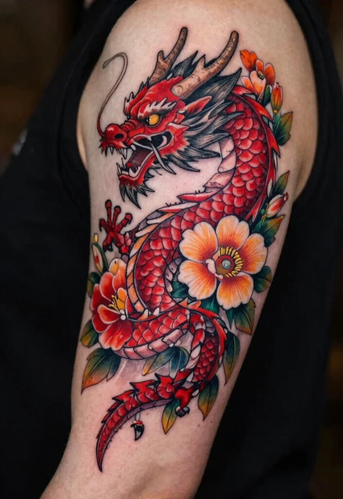 17 Red and Black Dragon Tattoo Ideas With Intense Dual Tone 56 17 Red and Black Dragon Tattoo Ideas With Intense Dual Tone - 16. The Dragon and Flowers 1