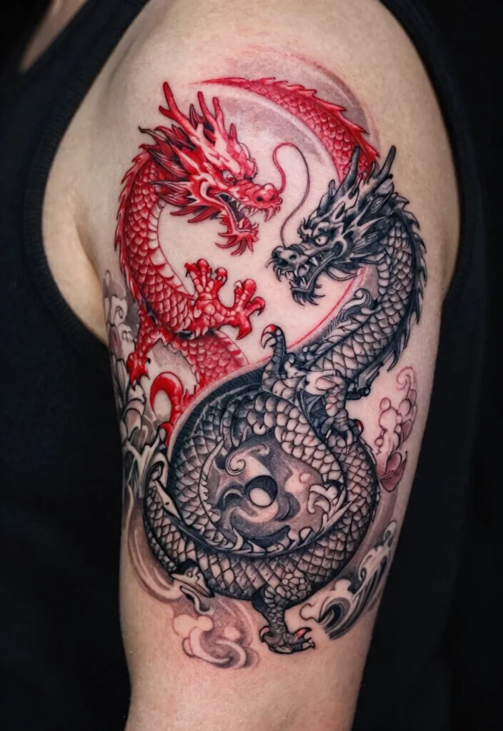 17 Red and Black Dragon Tattoo Ideas With Intense Dual Tone 2 17 Red and Black Dragon Tattoo Ideas With Intense Dual Tone - 2. The Yin and Yang Dragon 1