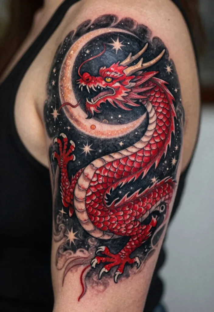 17 Red and Black Dragon Tattoo Ideas With Intense Dual Tone 13 17 Red and Black Dragon Tattoo Ideas With Intense Dual Tone - 3. The Celestial Dragon 1