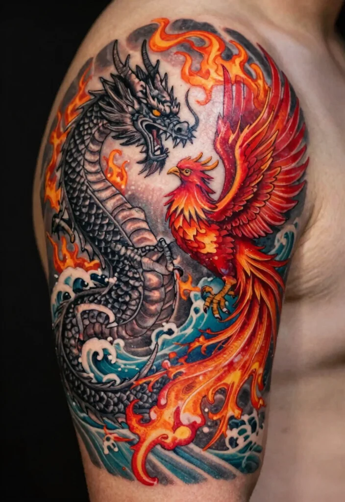 17 Red and Black Dragon Tattoo Ideas With Intense Dual Tone 24 17 Red and Black Dragon Tattoo Ideas With Intense Dual Tone - 4. The Dragon and Phoenix Fusion 1