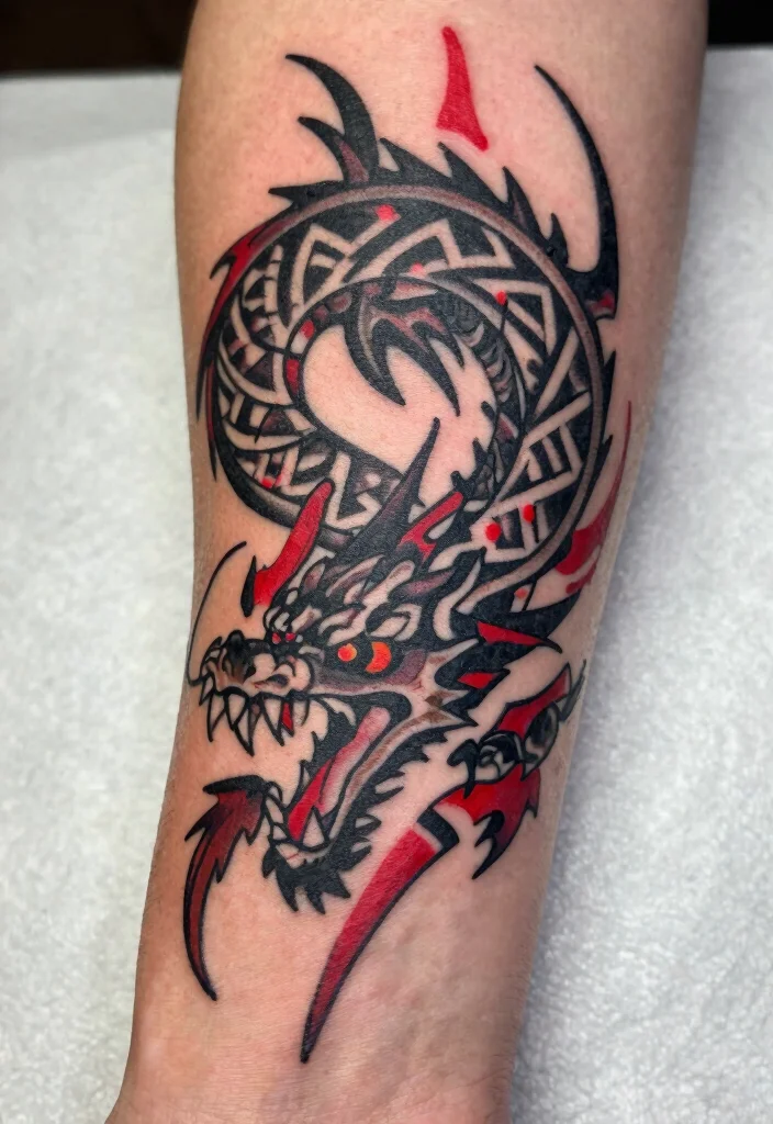 17 Red and Black Dragon Tattoo Ideas With Intense Dual Tone 25 17 Red and Black Dragon Tattoo Ideas With Intense Dual Tone - 5. The Tribal Dragon 1