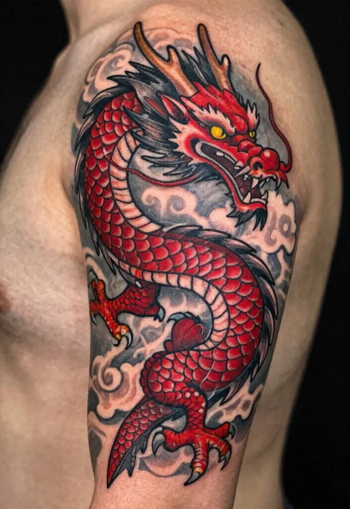 17 Red and Black Dragon Tattoo Ideas With Intense Dual Tone 26 17 Red and Black Dragon Tattoo Ideas With Intense Dual Tone - 6. The Majestic Dragon Wrap 1