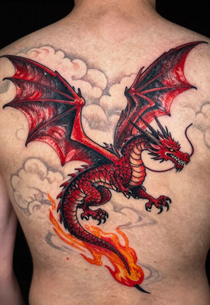 17 Red and Black Dragon Tattoo Ideas With Intense Dual Tone 39 17 Red and Black Dragon Tattoo Ideas With Intense Dual Tone - 9. The Dragon in Flight 1