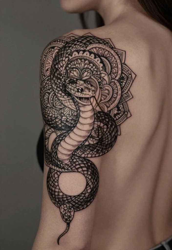 17 Snake Back Tattoo Women Ideas With Sleek Power - 11. Snake Back Piece with Mandala Elements 1