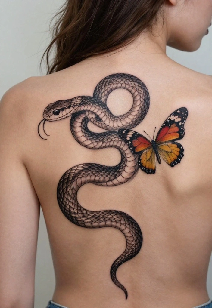 17 Snake Back Tattoo Women Ideas With Sleek Power - 12. Snake and Butterfly Fusion 1
