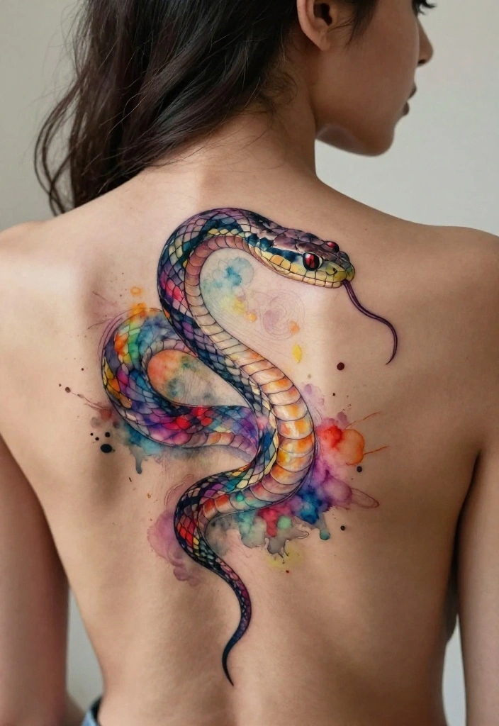 17 Snake Back Tattoo Women Ideas With Sleek Power - 13. Watercolor Snake Tattoo 1