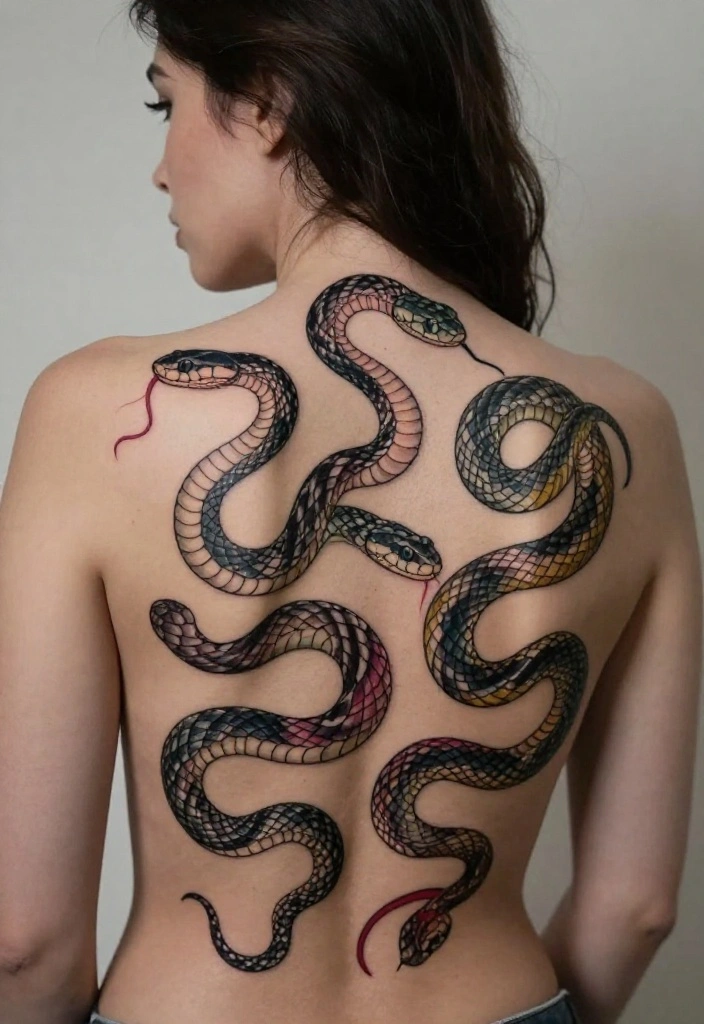 17 Snake Back Tattoo Women Ideas With Sleek Power - 15. Multi-Snake Arrangement 1