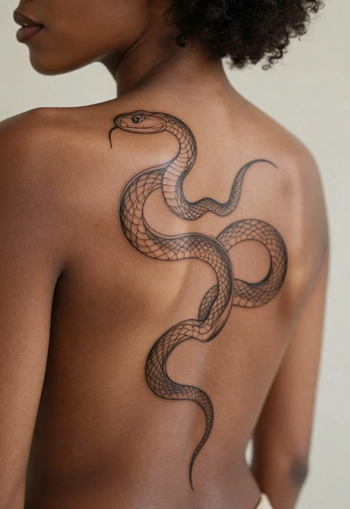 17 Snake Back Tattoo Women Ideas With Sleek Power - 16. Elegant Line Art Snake 1