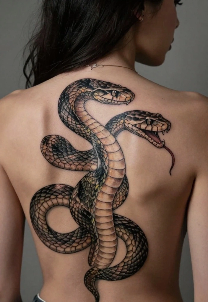 17 Snake Back Tattoo Women Ideas With Sleek Power - 17. Layered Snake Tattoo 1