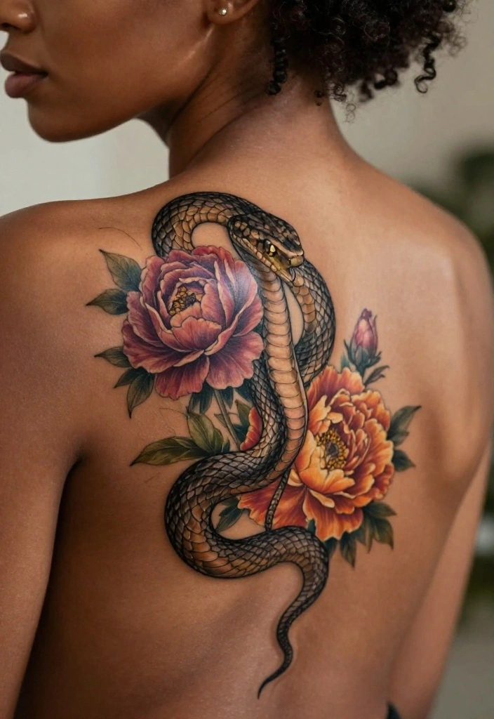17 Snake Back Tattoo Women Ideas With Sleek Power - 2. Serpent with Flowers 1