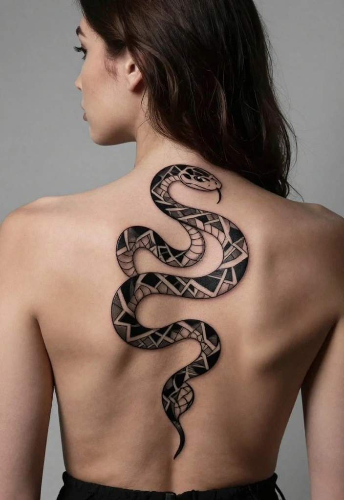17 Snake Back Tattoo Women Ideas With Sleek Power - 3. Geometric Snake Design 1