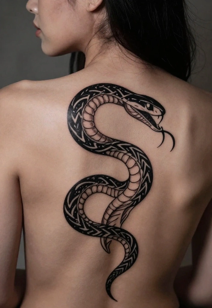 17 Snake Back Tattoo Women Ideas With Sleek Power - 6. Tribal Snake Tattoo 1