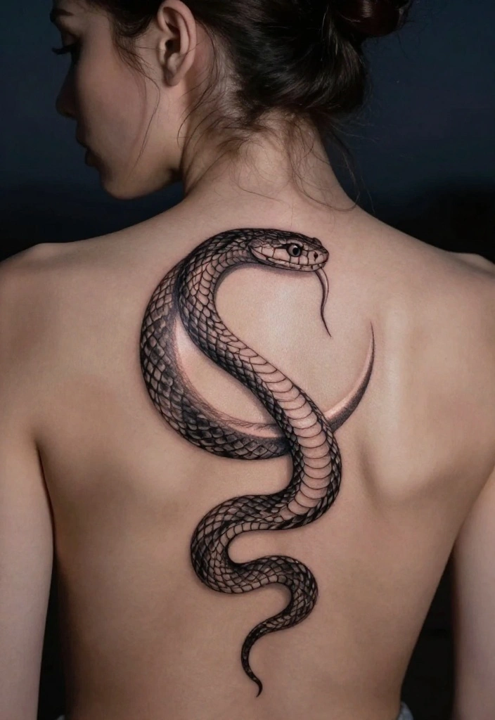 17 Snake Back Tattoo Women Ideas With Sleek Power - 7. Snake and Moon Combination 1