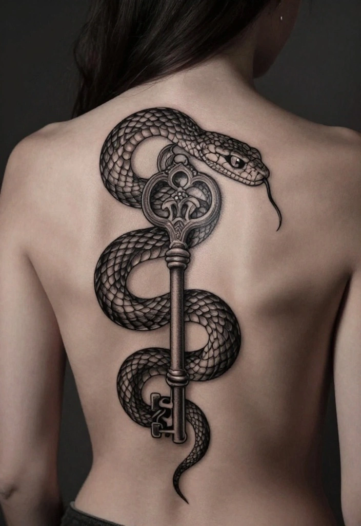 17 Snake Back Tattoo Women Ideas With Sleek Power - 8. Snake with a Key 1