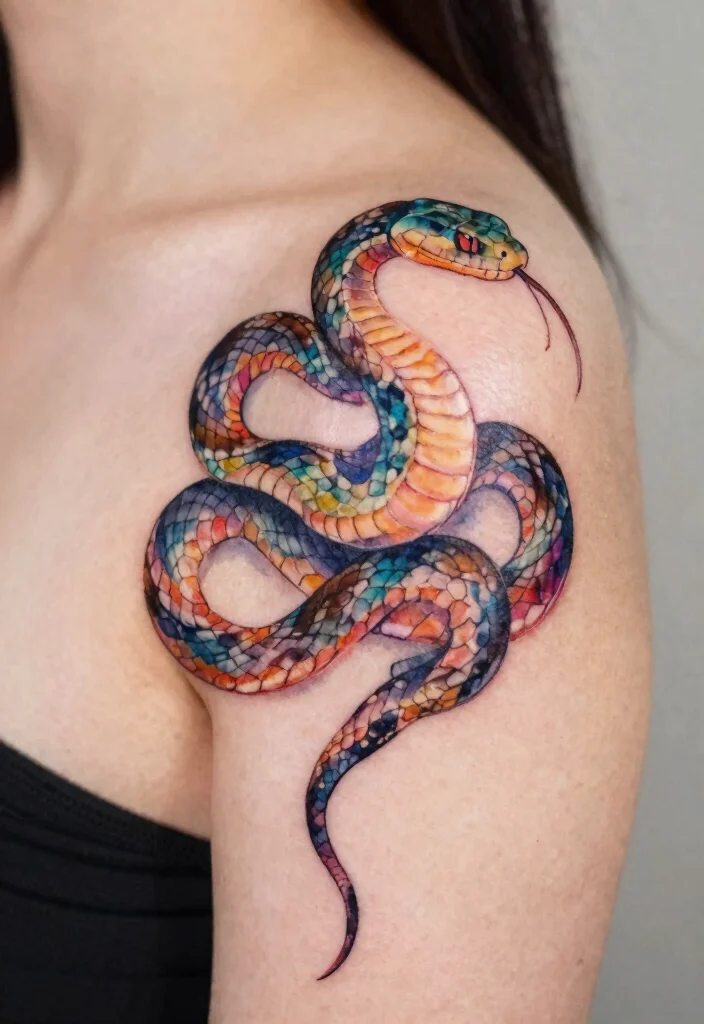 17 Snake Tattoo Collar Bone Ideas With Subtle Edge 40 17 Snake Tattoo Collar Bone Ideas With Subtle Edge - 10. Artistic Watercolor Snake 1