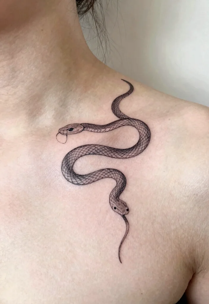 17 Snake Tattoo Collar Bone Ideas With Subtle Edge 41 17 Snake Tattoo Collar Bone Ideas With Subtle Edge - 11. Fine Line Snake Design 1