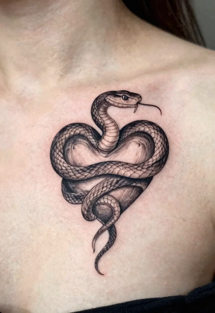 17 Snake Tattoo Collar Bone Ideas With Subtle Edge 42 17 Snake Tattoo Collar Bone Ideas With Subtle Edge - 12. Snake with a Heart Element 1