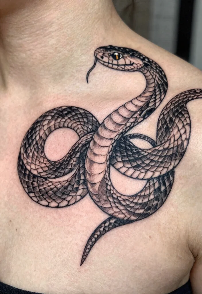 17 Snake Tattoo Collar Bone Ideas With Subtle Edge 54 17 Snake Tattoo Collar Bone Ideas With Subtle Edge - 14. Unique Scales Pattern Tattoo 1