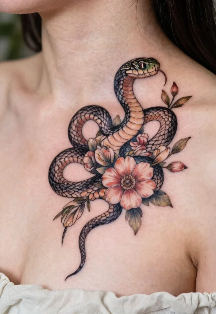 17 Snake Tattoo Collar Bone Ideas With Subtle Edge 12 17 Snake Tattoo Collar Bone Ideas With Subtle Edge - 2. Serpent and Floral Harmony 1