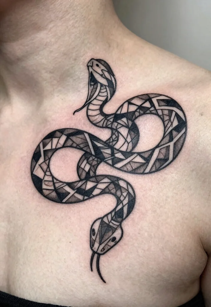 17 Snake Tattoo Collar Bone Ideas With Subtle Edge 13 17 Snake Tattoo Collar Bone Ideas With Subtle Edge - 3. Geometric Snake 1