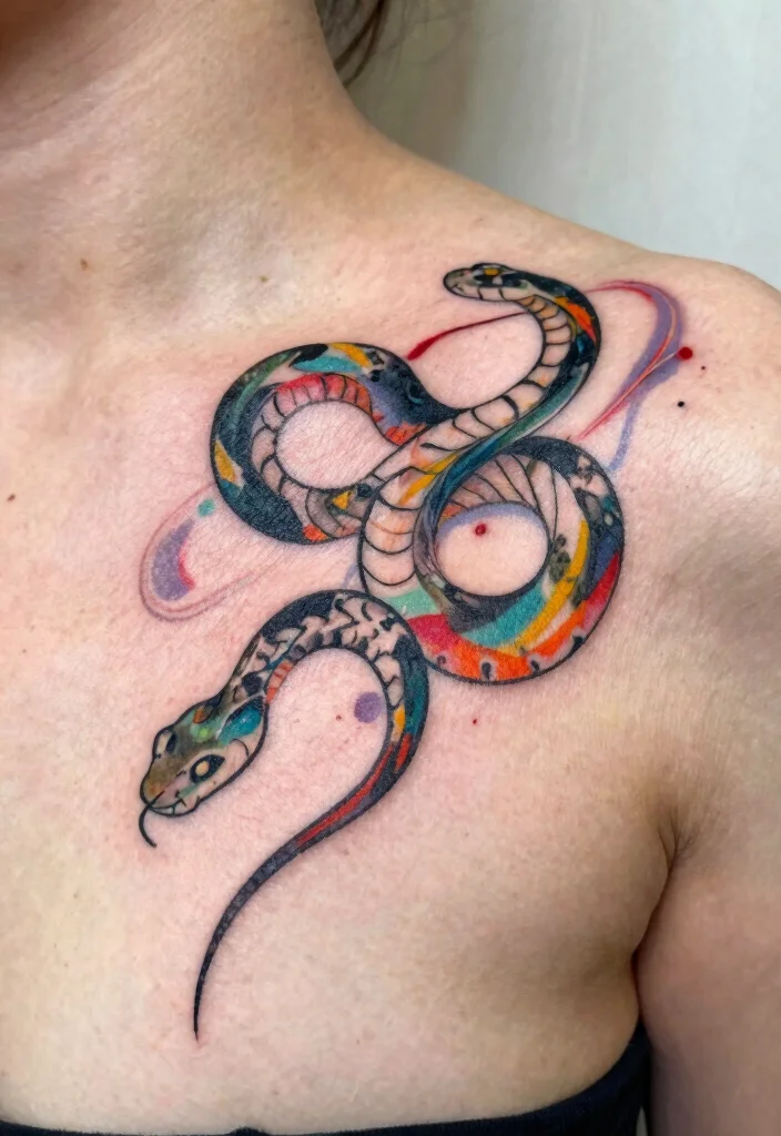 17 Snake Tattoo Collar Bone Ideas With Subtle Edge 14 17 Snake Tattoo Collar Bone Ideas With Subtle Edge - 4. Abstract Snake Design 1