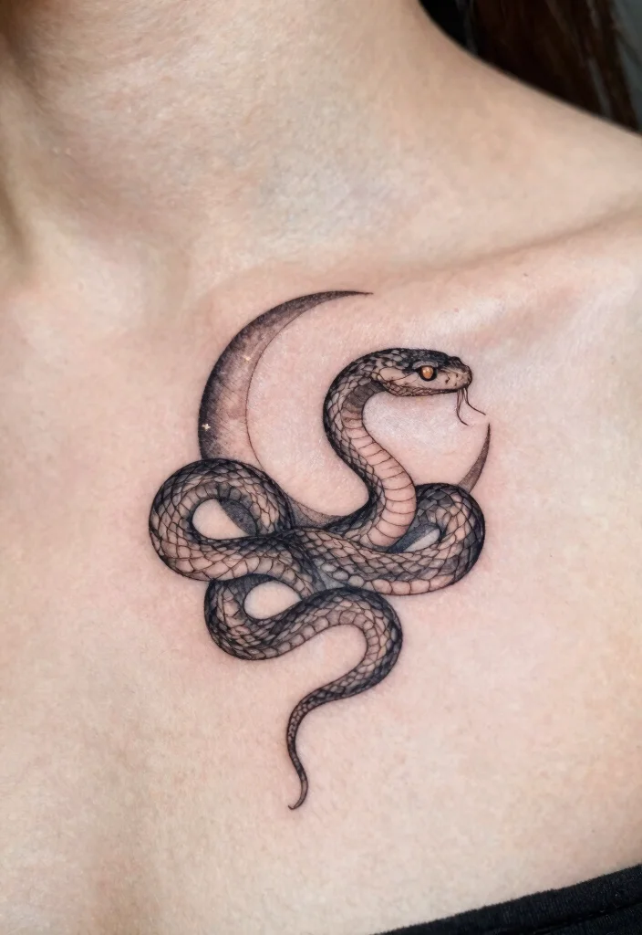 17 Snake Tattoo Collar Bone Ideas With Subtle Edge 28 17 Snake Tattoo Collar Bone Ideas With Subtle Edge - 8. Snake and Moon Fusion 1