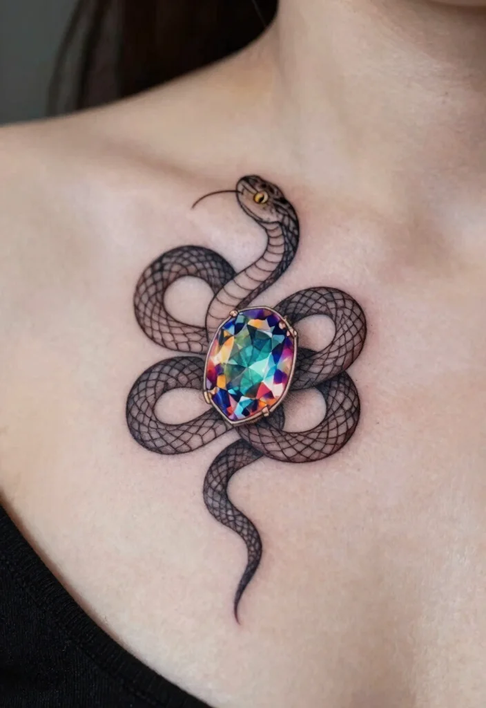 17 Snake Tattoo Collar Bone Ideas With Subtle Edge 29 17 Snake Tattoo Collar Bone Ideas With Subtle Edge - 9. Minimalist Snake with Gemstone 1