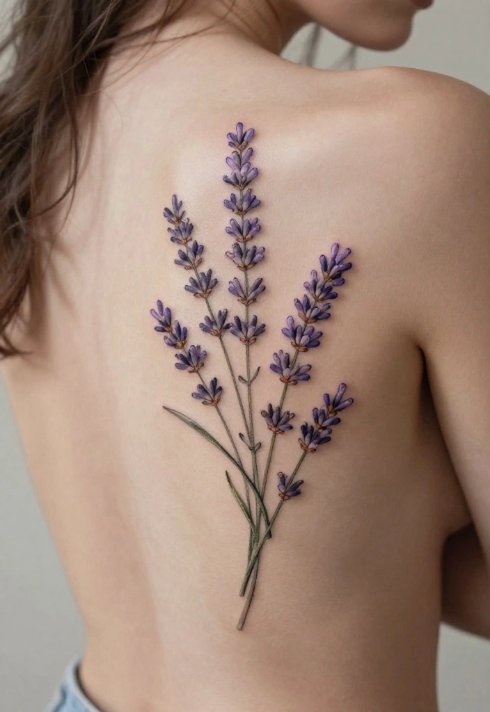 17 Spinal Tattoo Women Flower Ideas With Elegant Flow - 15. Graceful Lavender Twigs 1