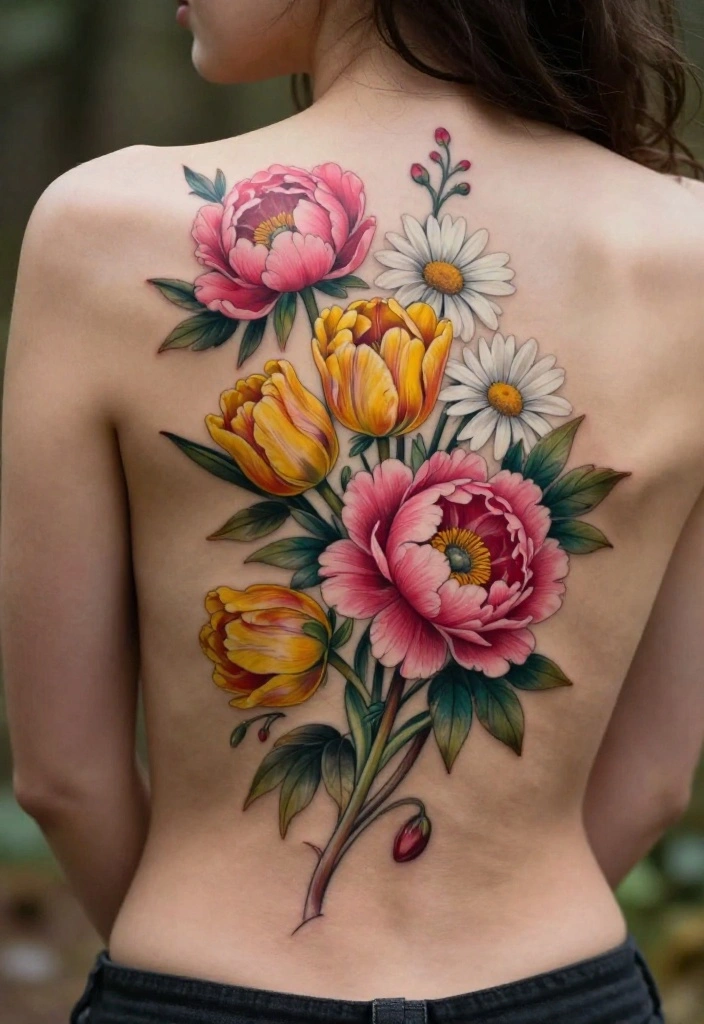 17 Spinal Tattoo Women Flower Ideas With Elegant Flow - 2. Bold Blossom Bouquet 1