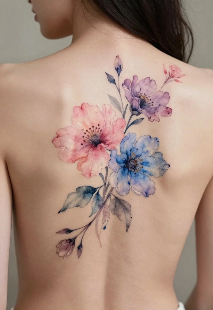 17 Spinal Tattoo Women Flower Ideas With Elegant Flow - 3. Whimsical Watercolor Flowers 1